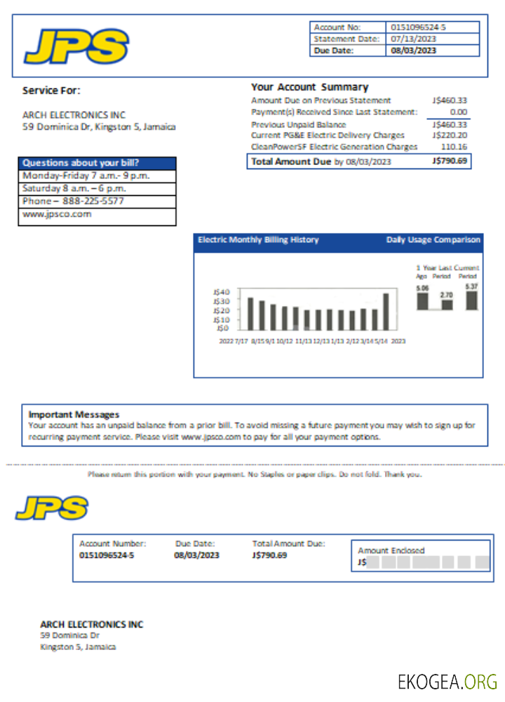 Facture commerciale du service public d'électricité de Jamaica Public Service Co Ltd (JPS), SCR